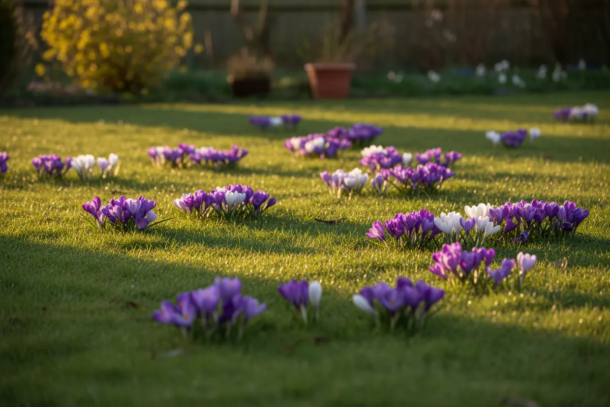 Touffes irrégulières de crocus violets et blancs fleuris dans une pelouse verte.