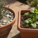 Deux jardinières en terre cuite côte à côte sur une terrasse ensoleillée : celle de gauche contient des aromatiques ligneuses au feuillage argenté dans un substrat clair et graveleux, celle de droite des aromatiques à larges feuilles tendres dans une terre sombre.