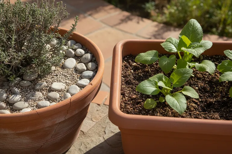 Deux jardinières en terre cuite côte à côte sur une terrasse ensoleillée : celle de gauche contient des aromatiques ligneuses au feuillage argenté dans un substrat clair et graveleux, celle de droite des aromatiques à larges feuilles tendres dans une terre sombre.