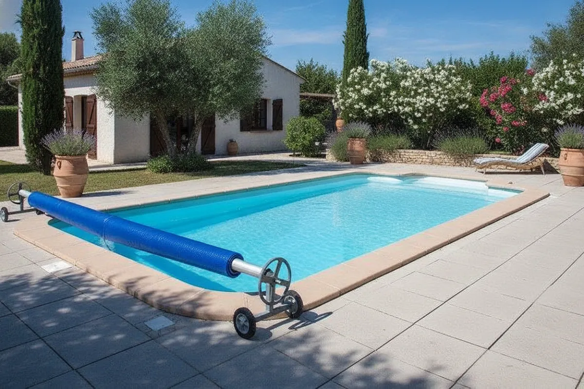 Un enrouleur de couverture de piscine au premier plan, sa bâche enroulée autour de l'axe, et derrière lui le bassin découvert à l'eau claire.