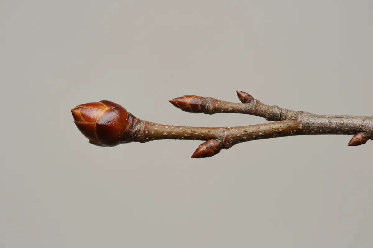 Que faire au jardin en février : deux rameaux côte à côte, l'un portant un gros bourgeon rond et gonflé, l'autre seulement de petits bourgeons plats collés à la tige.