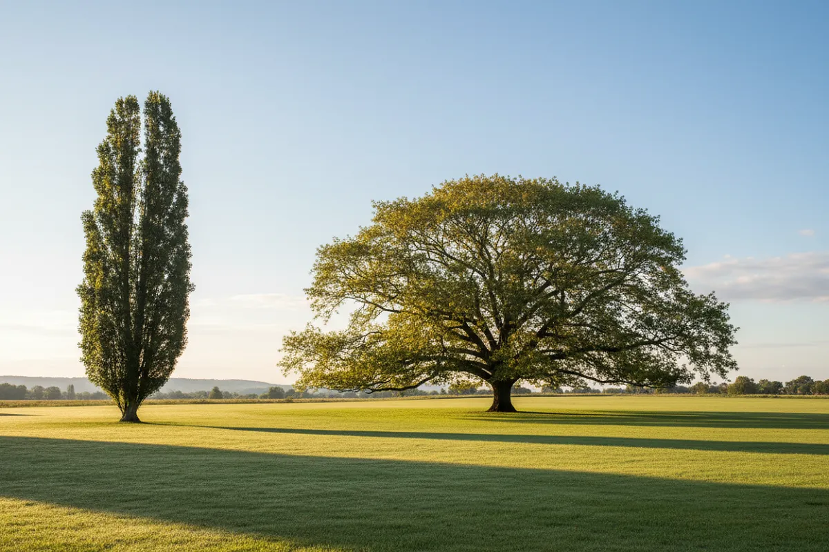 Arbre pour petit jardin : deux arbres de hauteur comparable côte à côte, l'un à couronne étroite et dressée, l'autre à couronne large projetant une ombre bien plus étendue.