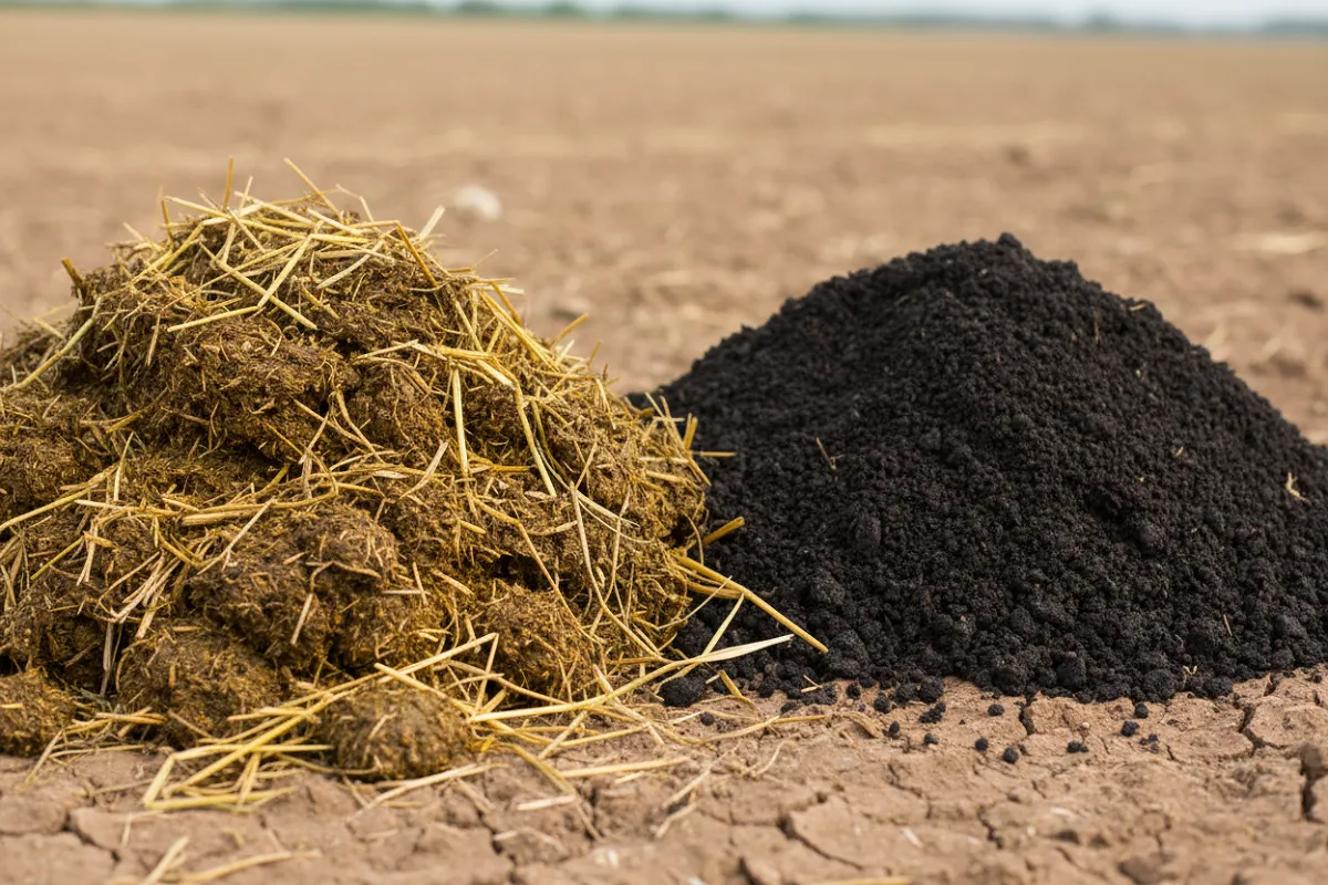 Fumier de cheval potager : deux tas côte à côte, l'un de fumier frais avec de la paille jaune bien visible et compacte, l'autre sombre, fin et friable.