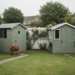 Abri de jardin sans permis : deux petits abris distincts posés à quelques mètres l'un de l'autre sur la même pelouse, la limite de propriété visible derrière.