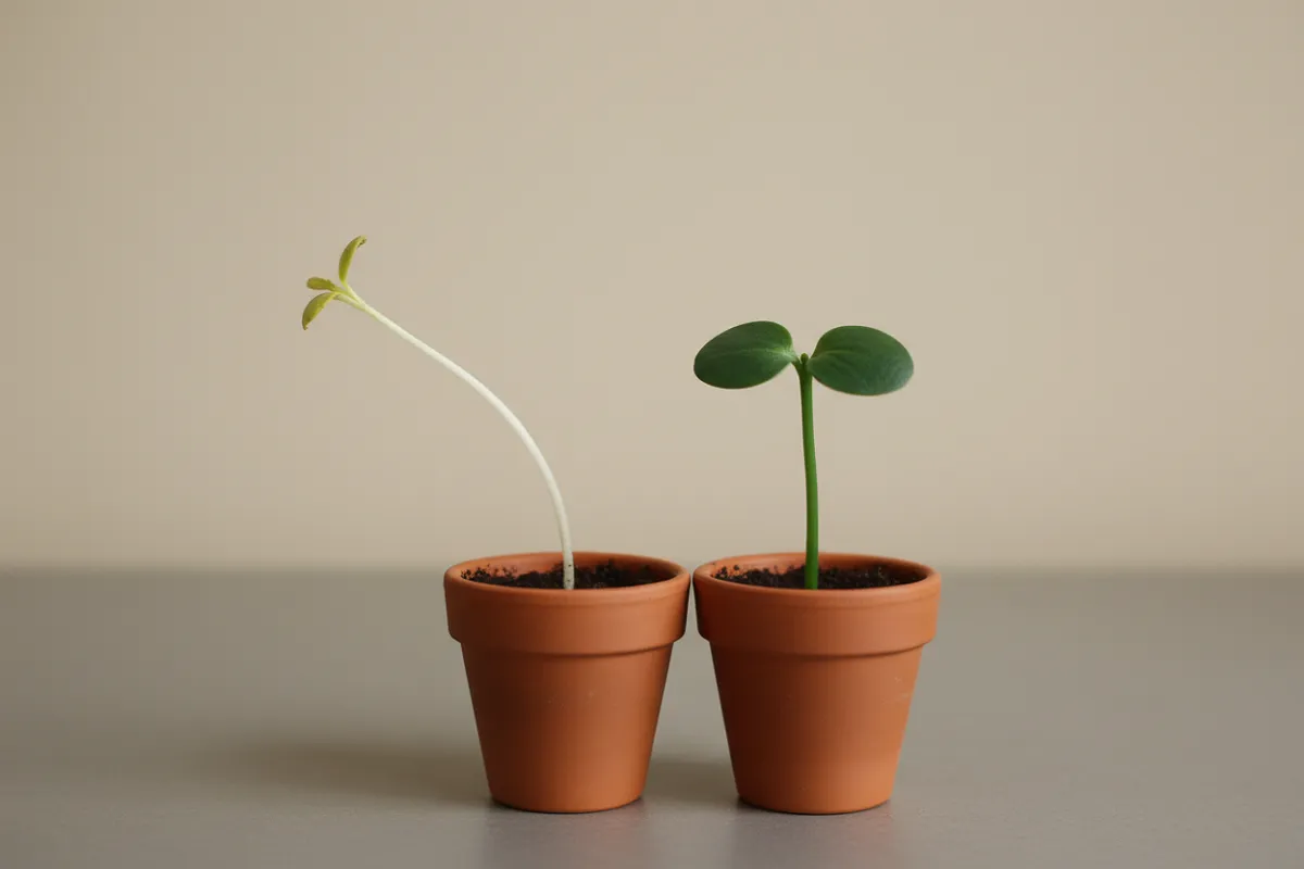 Que faire au jardin en janvier : deux jeunes plants côte à côte dans des godets identiques, l'un à la tige longue, fine et pâle qui penche, l'autre court, trapu et vert foncé.