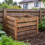 Un composteur en bois à lattes posé à même la terre près d'une clôture basse, avec la maison voisine et ses fenêtres visibles en arrière-plan.