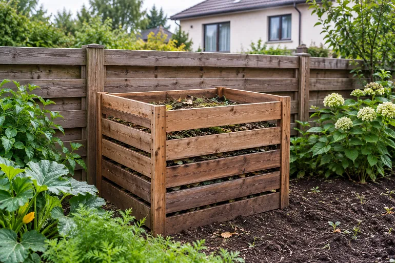 Un composteur en bois à lattes posé à même la terre près d'une clôture basse, avec la maison voisine et ses fenêtres visibles en arrière-plan.