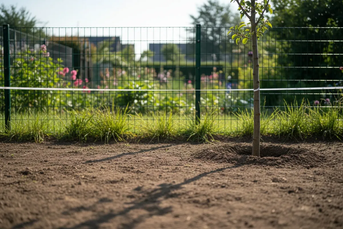 Cordeau tendu le long d’une limite de propriété et jeune arbre planté en retrait, illustrant la distance plantation arbre voisin.