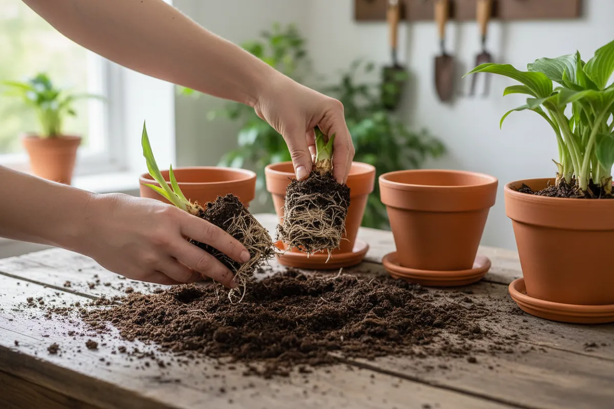 Sur un plan de rempotage, deux mains séparent une touffe de vivace en trois éclats, avec des pots propres vides à côté et un éclat déjà rempoté.