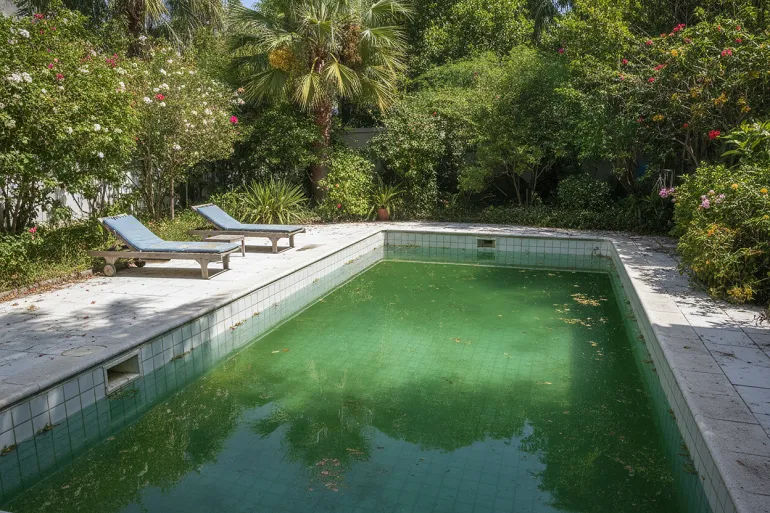 une piscine à l'eau verte car mal entretenue