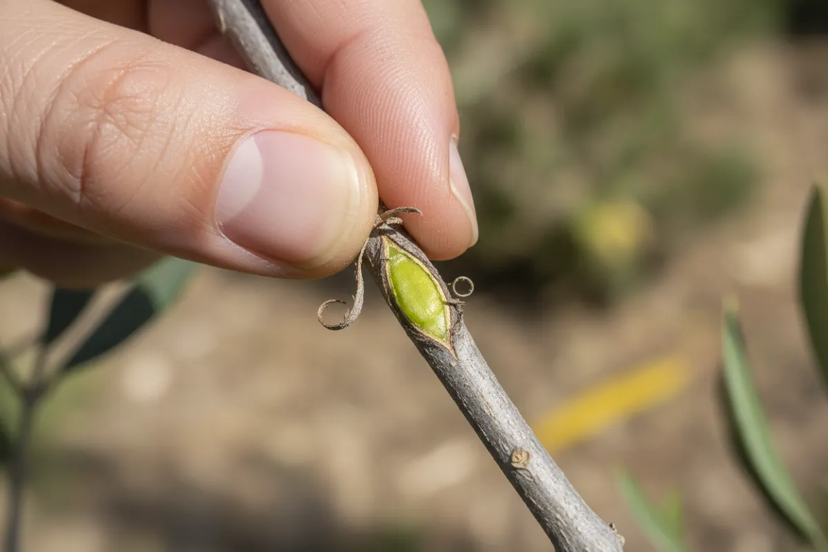 Olivier perd ses feuilles : gros plan sur un rameau gratté à l'ongle, laissant apparaître le tissu vert vif sous l'écorce.