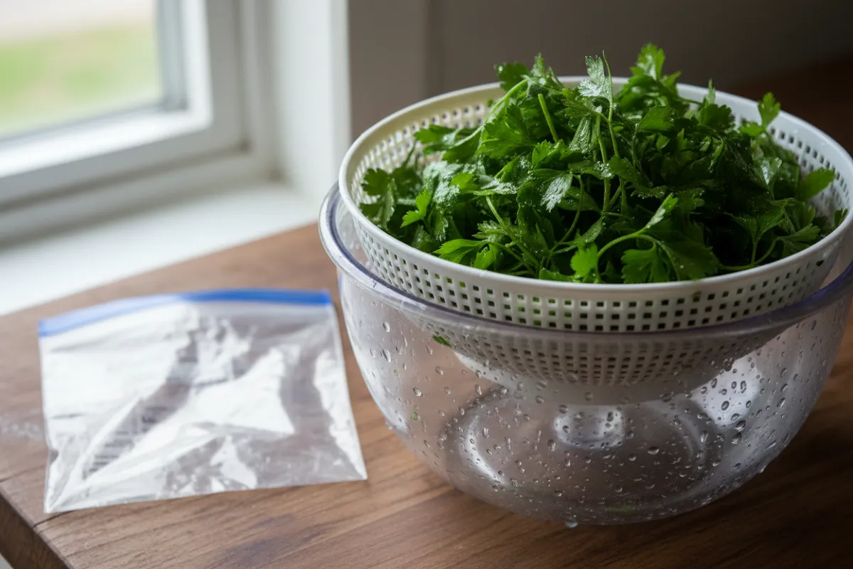 Un panier d'essoreuse à salade rempli de persil fraîchement lavé, soulevé au-dessus du bol où des gouttes d'eau restent, avec un sachet de congélation ouvert posé à plat à côté.