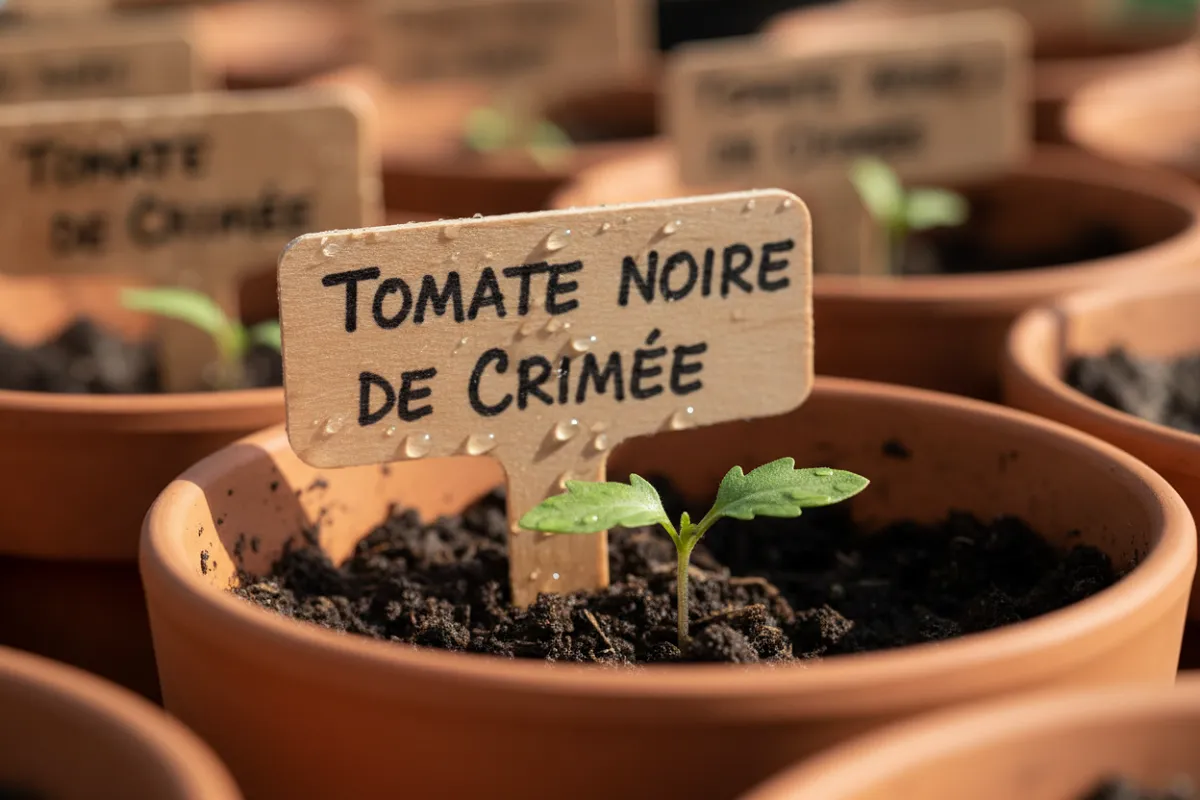 Gros plan sur une petite étiquette plantée dans la terre d'un pot, au pied d'un jeune plant, d'autres pots étiquetés flous à l'arrière-plan.