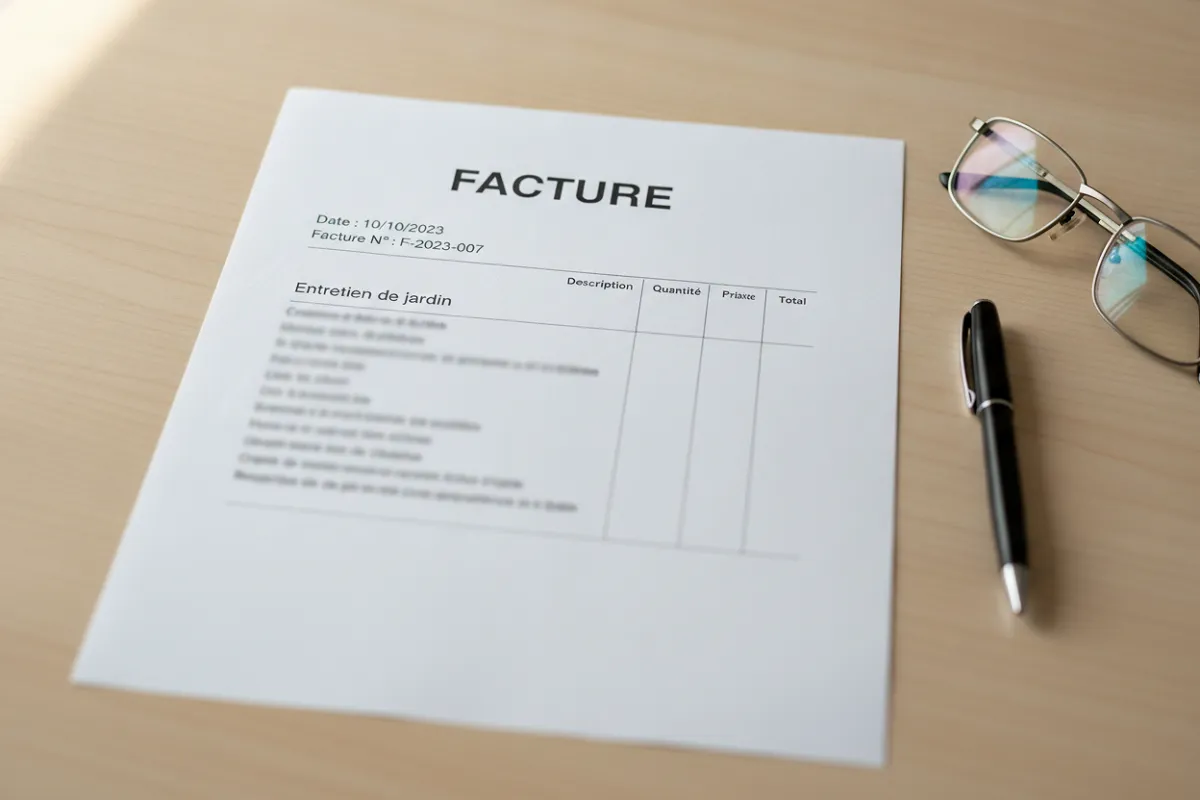 Facture d'entretien de jardin posée sur une table, avec un stylo et des lunettes.