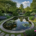un grand bassin dans un magnifique jardin verdoyant
