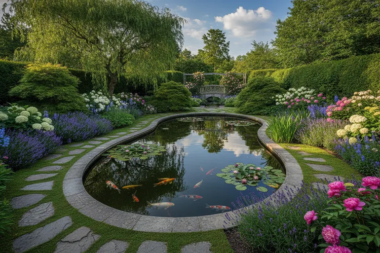 un grand bassin dans un magnifique jardin verdoyant