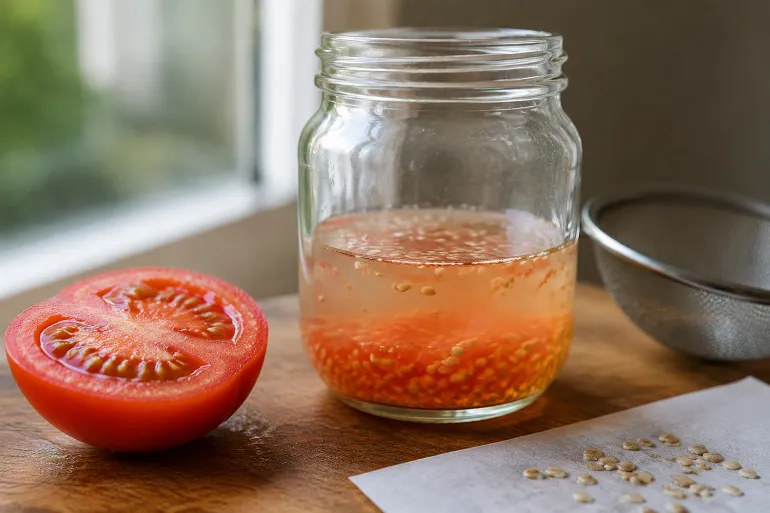 Tomate coupée, pulpe et graines en fermentation dans un bocal d'eau, tamis et graines séchées à côté