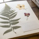 Un herbier rate rarement par manque de patience : voici pourquoi 2 Planche d'herbier terminée : fougère et fleurs pressées fixées sur papier crème, étiquette posée à côté