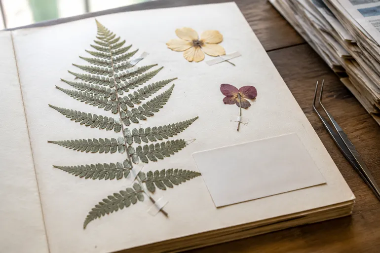 Planche d'herbier terminée : fougère et fleurs pressées fixées sur papier crème, étiquette posée à côté