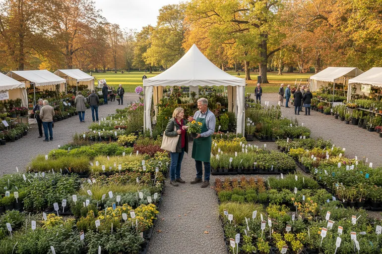 Vue large d'une fête des plantes, un stand de pépiniériste professionnel avec des plantes alignées par variété dans des pots noirs identiques sous un barnum blanc, le producteur discutant avec des visiteurs.
