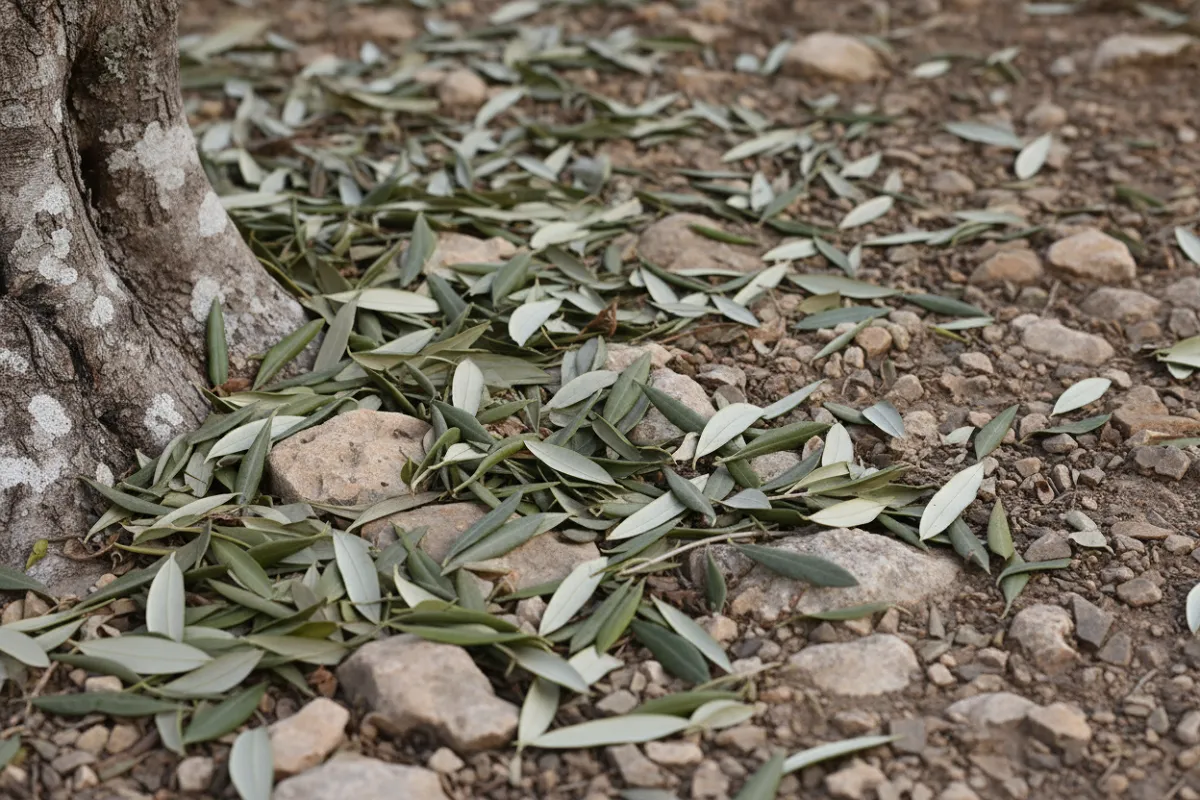 Feuilles d'olivier tombées au sol au pied du tronc, sur une terre sèche et caillouteuse.