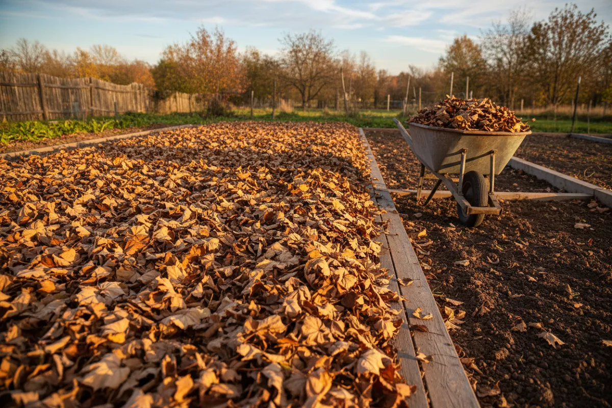 Une planche de potager recouverte d'une épaisse couche de feuilles mortes, une brouette à moitié pleine à côté, la planche voisine laissée en terre nue.