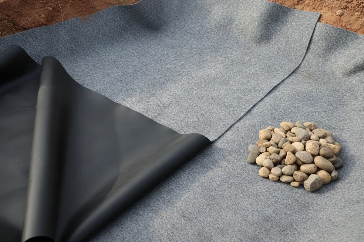 Vue dans une excavation de bassin où un feutre géotextile gris recouvre la terre nue, la bâche noire étant partiellement repliée pour laisser voir les deux couches superposées.