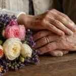 Quelle fleur offrir selon vos années de mariage ? 2 Les mains d'un couple âgé portant leurs alliances, posées côte à côte sur une table près d'un bouquet de roses et de lavande.