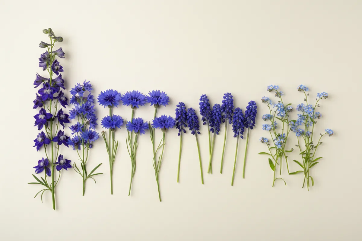 Fleurs naturellement bleues posées côte à côte : delphinium, bleuet, muscari et myosotis, sur une surface claire.