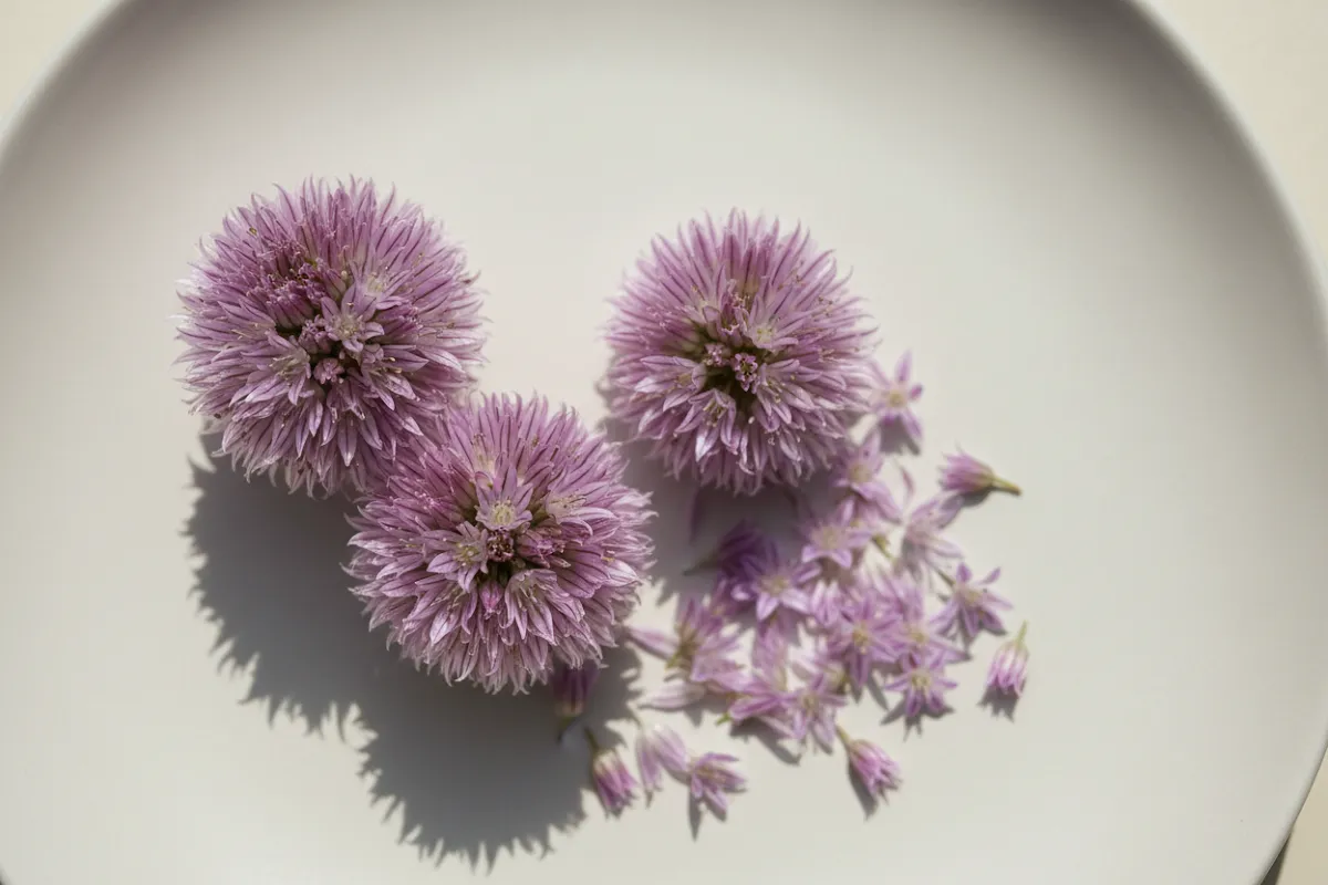 Plusieurs pompons mauves de fleurs de ciboulette sur une assiette claire, dont deux défaits en petits fleurons individuels éparpillés autour.