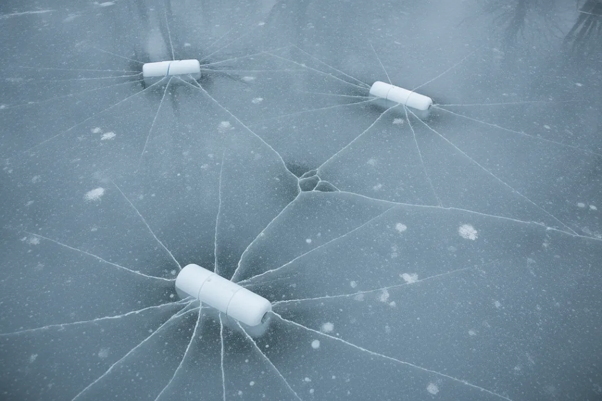 Hivernage de piscine : gros plan sur la surface gelée d'une piscine, plusieurs flotteurs d'hivernage cylindriques blancs pris et visiblement comprimés dans la glace, celle-ci fissurée en étoile autour de chacun.
