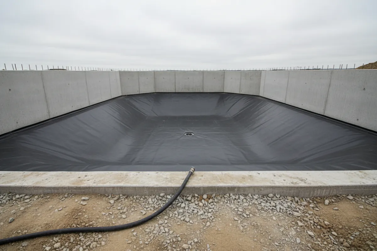 Vue dans un bassin à koï vide en construction, dont le fond lisse descend en pente de tous les côtés vers un point bas central, avec des parois verticales sans aucun palier de plantation.
