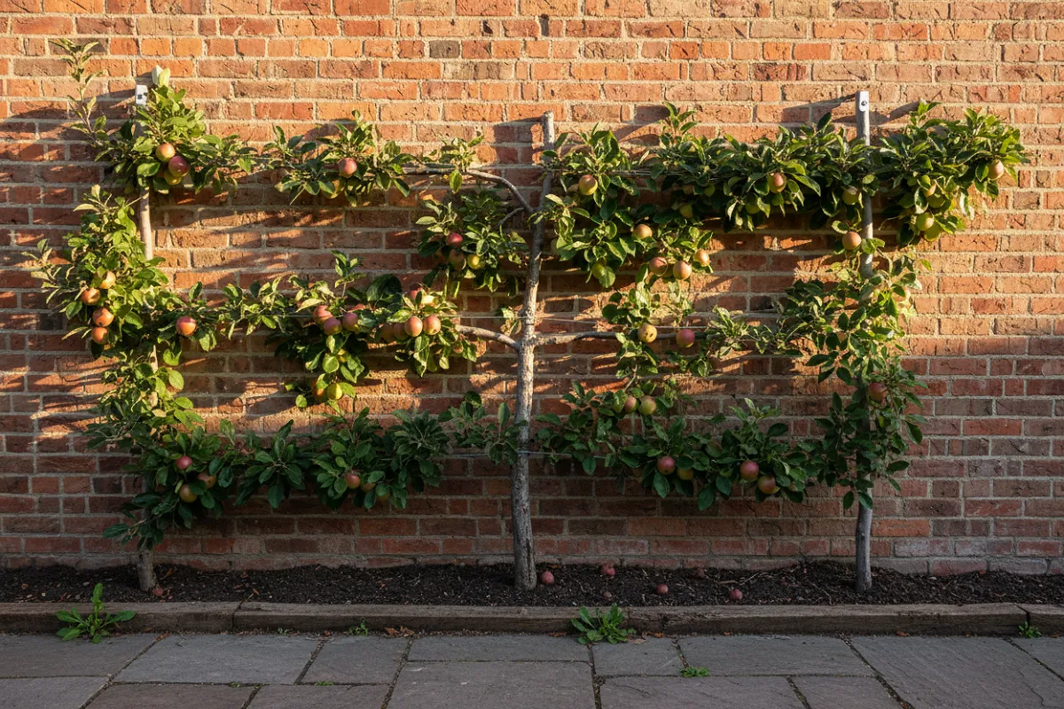 Un fruitier palissé à plat contre un mur ensoleillé, ses branches étalées à l'horizontale le long de fils tendus, une bande de terre étroite au pied.