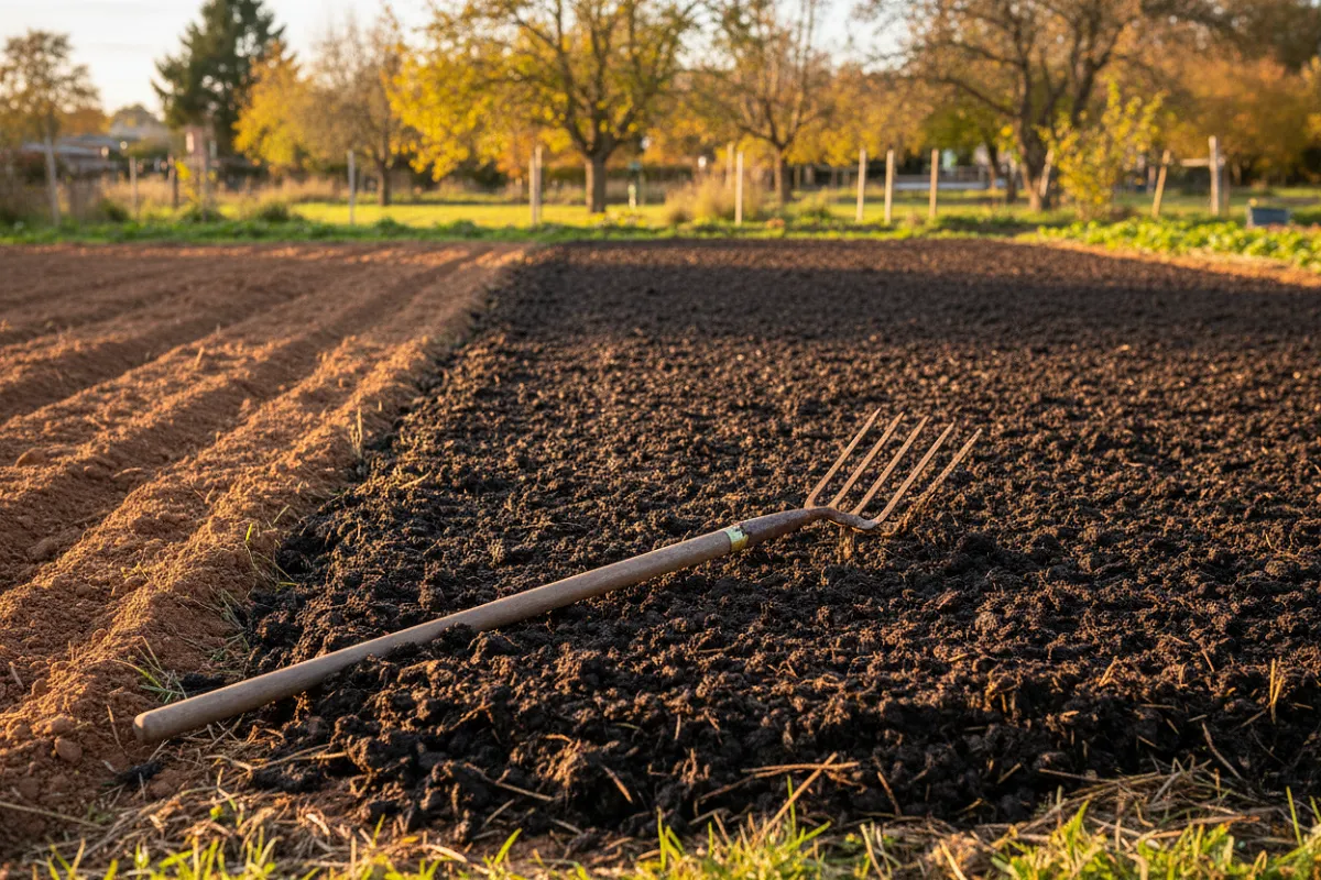 Une planche de potager recouverte d'une couche régulière de fumier sombre étalé en surface, la terre restant devinable à travers.