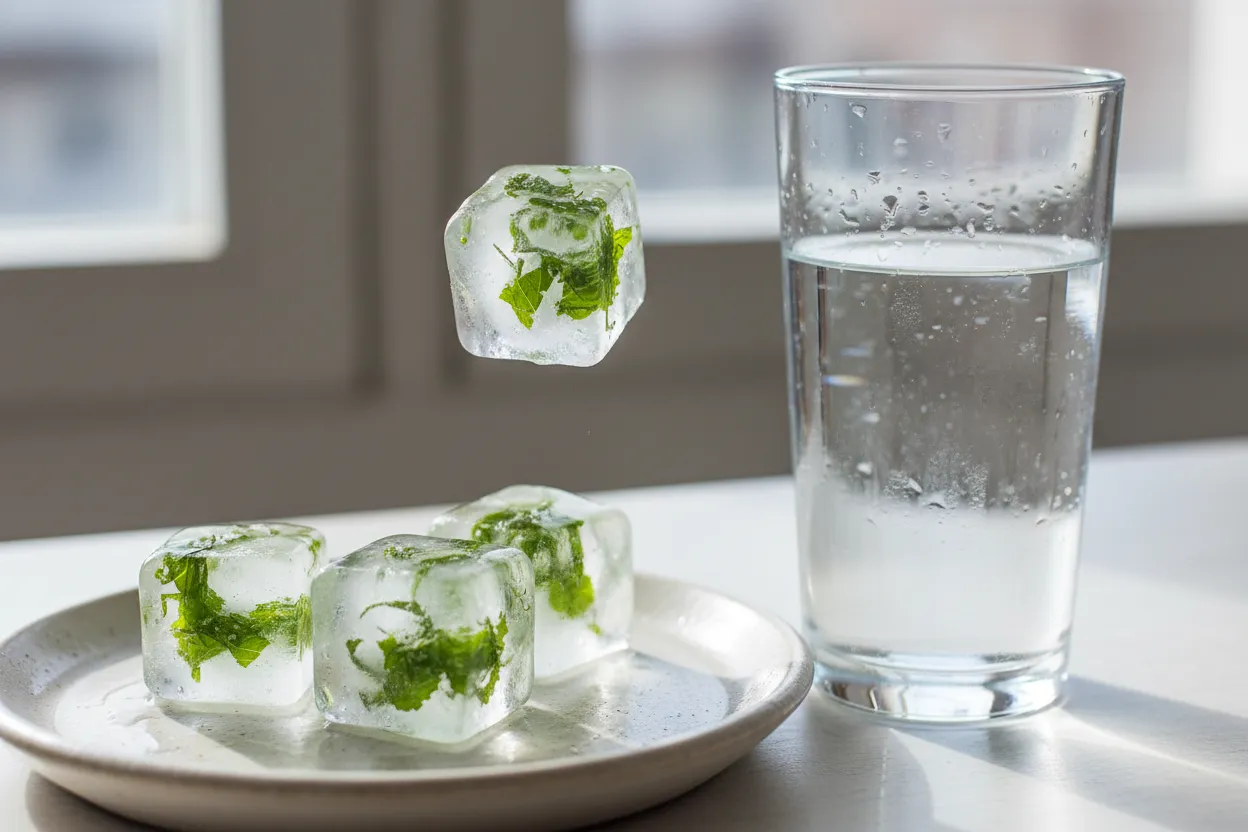 Des glaçons transparents contenant de la menthe ciselée bien verte, posés sur une assiette claire, l'un tombant dans un grand verre d'eau fraîche.
