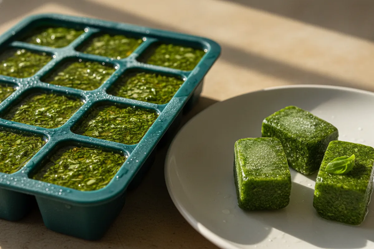 Un bac à glaçons rempli de basilic ciselé recouvert d'huile d'olive, avec trois cubes verts démoulés posés sur une assiette blanche à côté.