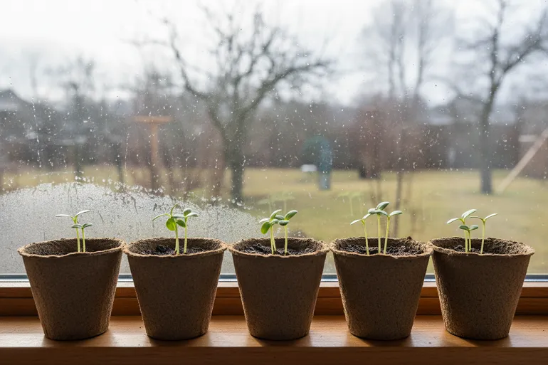 Jardin en janvier : des godets de semis alignés sur un rebord de fenêtre lumineux, les plantules à peine levées avec des tiges courtes et trapues.