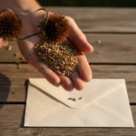 Récolter ses graines et bouturer : le mois du bois aoûté 5 Planter en août : une paume ouverte tient des graines sèches tout juste extraites d'une capsule fanée, une enveloppe de papier nue posée sur la table en bois.