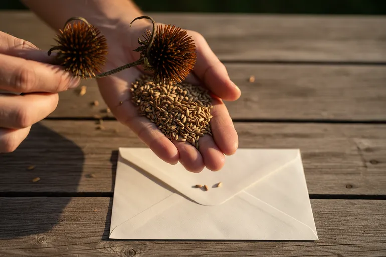 Planter en août : une paume ouverte tient des graines sèches tout juste extraites d'une capsule fanée, une enveloppe de papier nue posée sur la table en bois.