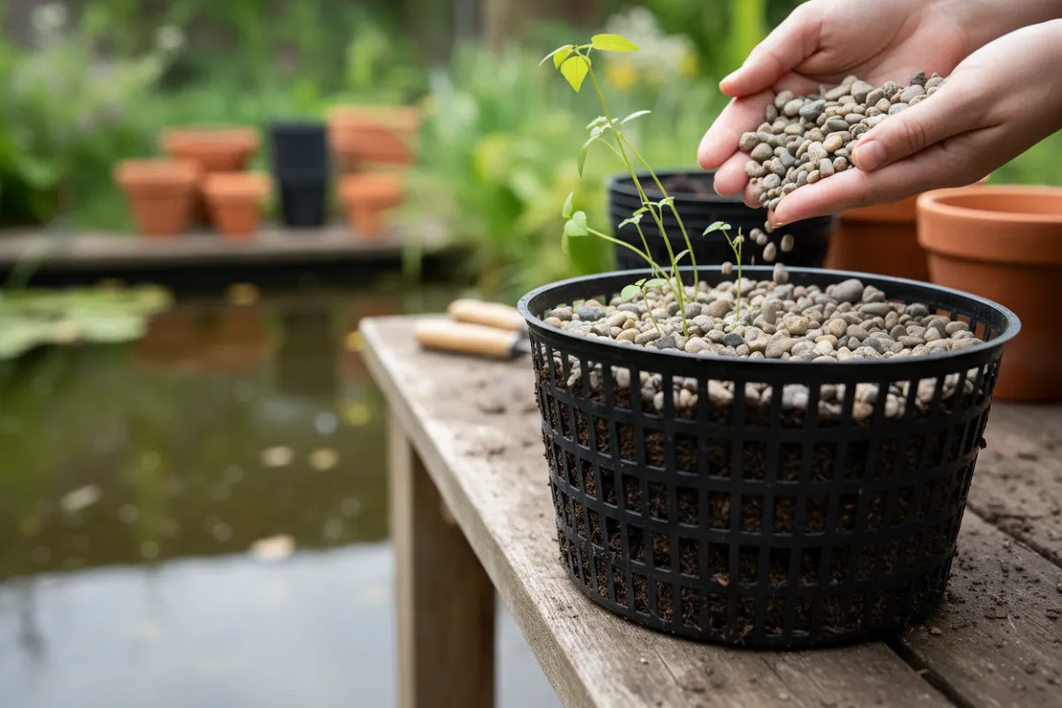 Des mains versent une couche de gravier fin sur la terre sombre d'un panier de plantation ajouré, les tiges de la plante émergeant à travers, le panier posé près d'un bassin.