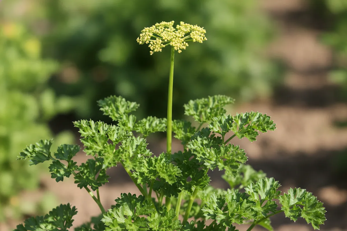 Une tige rigide, ronde et plus épaisse que les autres s'élève au centre d'un pied de persil et porte une ombelle de petites fleurs jaune-vert.
