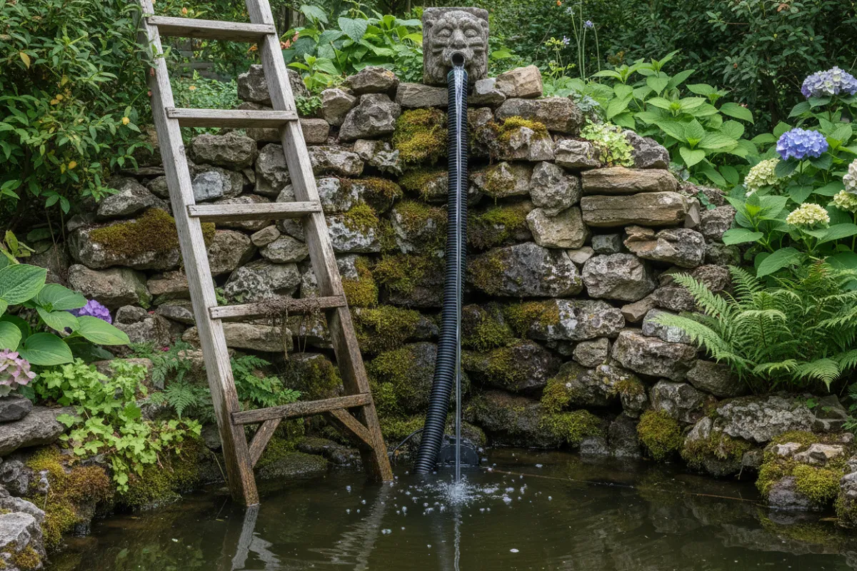 Un tuyau annelé noir monte sur toute la hauteur de l'image depuis une pompe à peine visible sous l'eau jusqu'à une sortie en pierre tout en haut, le long d'un mur de rochers, avec une échelle en bois à proximité qui donne l'échelle.