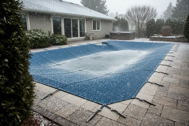 une piscine enterrée sous une bâche l'hiver pendant qu'il neige