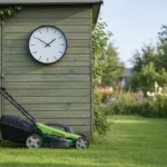 À quelle heure a-t-on le droit de tondre sa pelouse ? 4 Une horloge ronde à index simples sans chiffres, aiguilles indiquant dix heures dix, fixée au mur d'un abri de jardin, avec une tondeuse posée en dessous sur l'herbe fraîchement coupée.