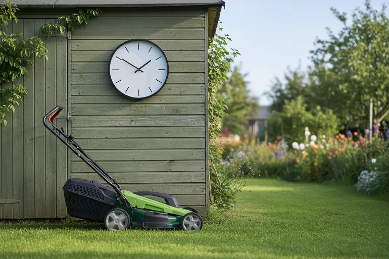 Une horloge ronde à index simples sans chiffres, aiguilles indiquant dix heures dix, fixée au mur d'un abri de jardin, avec une tondeuse posée en dessous sur l'herbe fraîchement coupée.