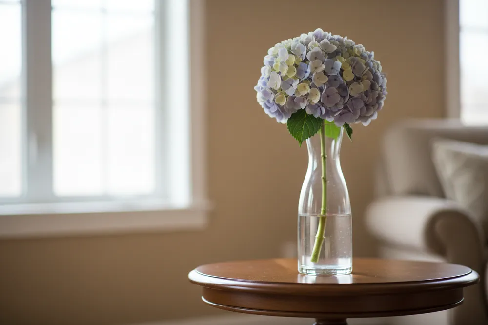 Une tête d'hortensia dressée dans un vase de verre transparent ne contenant qu'un fond d'eau, posée sur une table d'appoint à l'écart de la fenêtre.