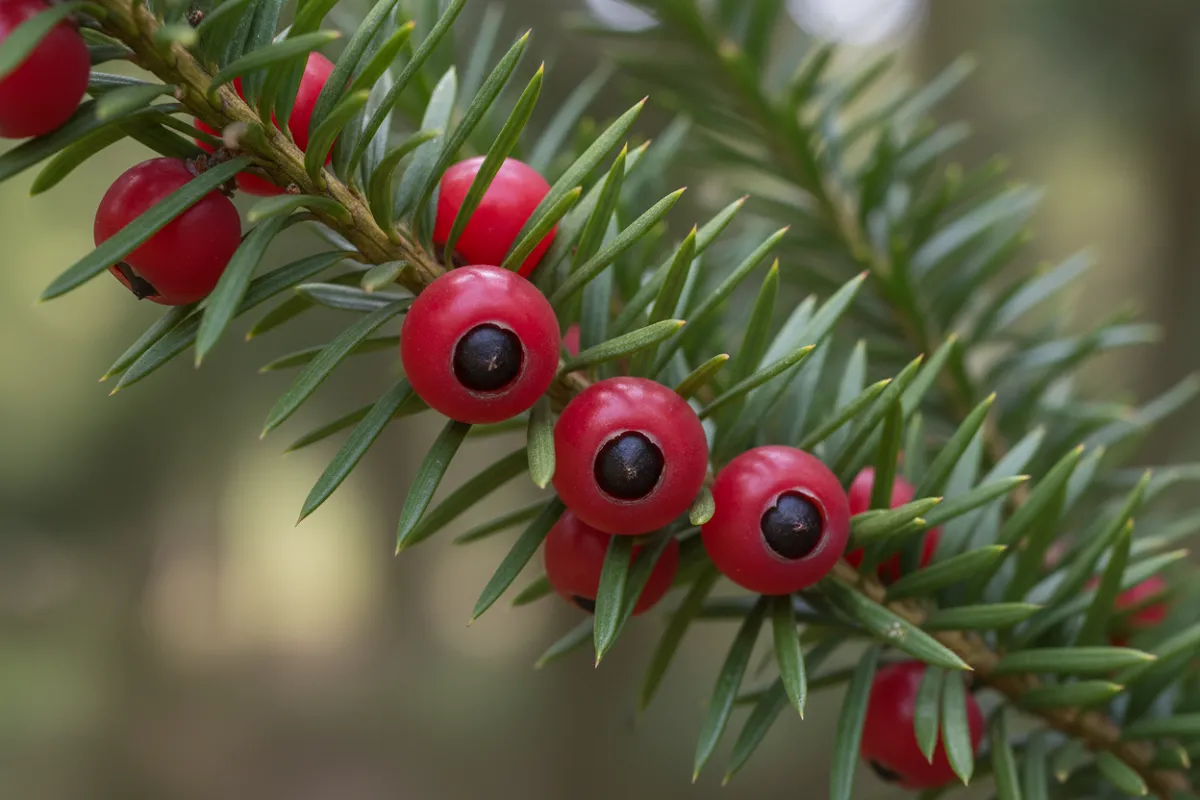 Une branche d'if portant plusieurs petites baies rouges, chacune ouverte à son extrémité et laissant voir la graine sombre qu'elle contient.
