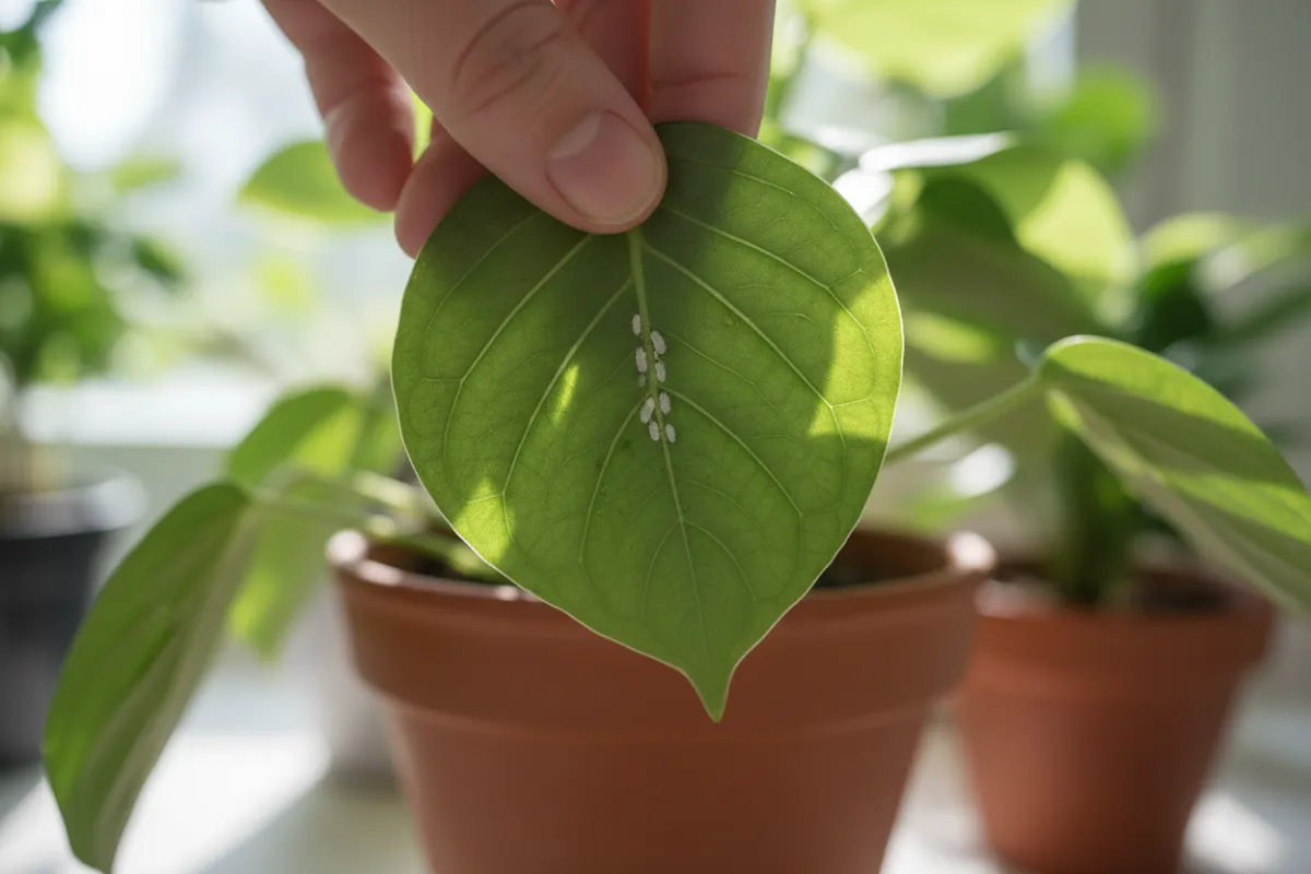 Une main retourne délicatement une feuille d'une plante en pot pour en inspecter le dessous, où quelques petits insectes sont visibles le long de la nervure.