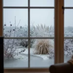 Que faire au jardin en décembre : regarder, protéger 5 Jardin en décembre vu depuis une fenêtre : silhouettes d'arbustes nus et têtes de graminées séchées couvertes de givre dans la lumière grise du matin.