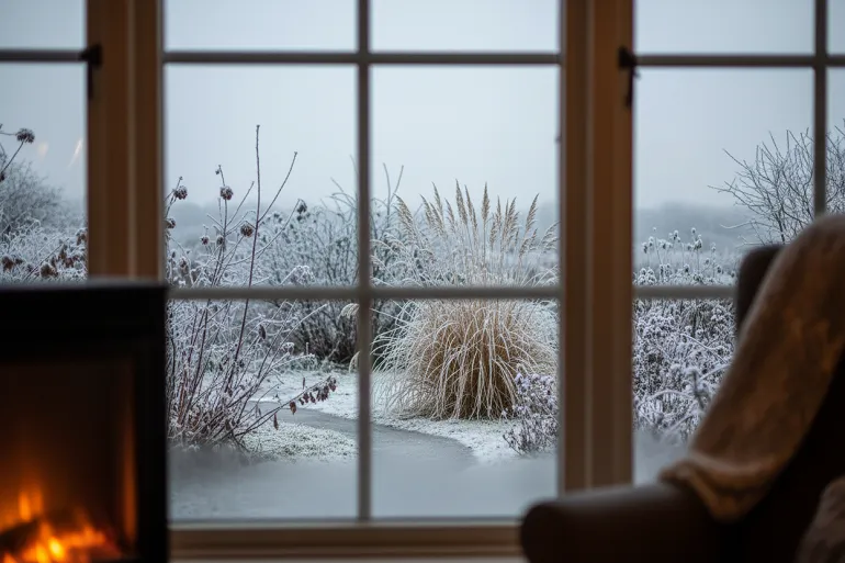 Jardin en décembre vu depuis une fenêtre : silhouettes d'arbustes nus et têtes de graminées séchées couvertes de givre dans la lumière grise du matin.